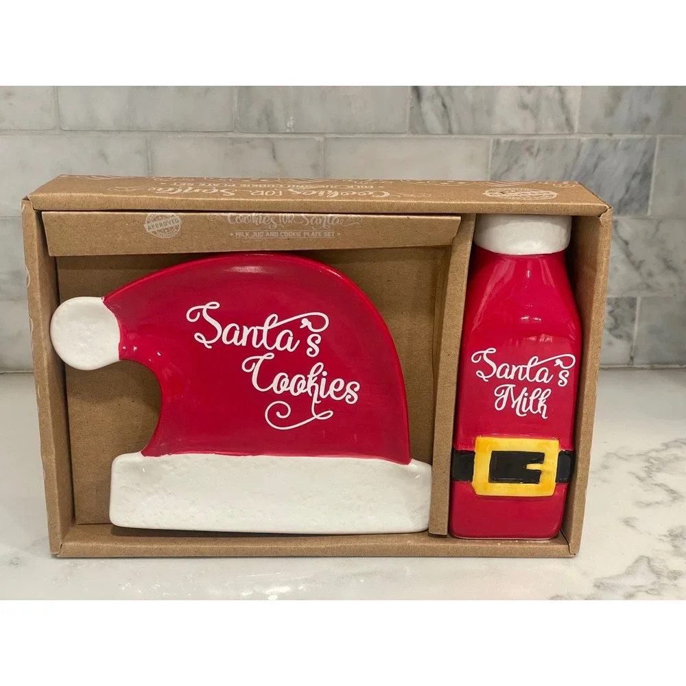 Santa Cookies &‎ Milk Jug Cookie Plate Set Christmas Holiday Ceramic
